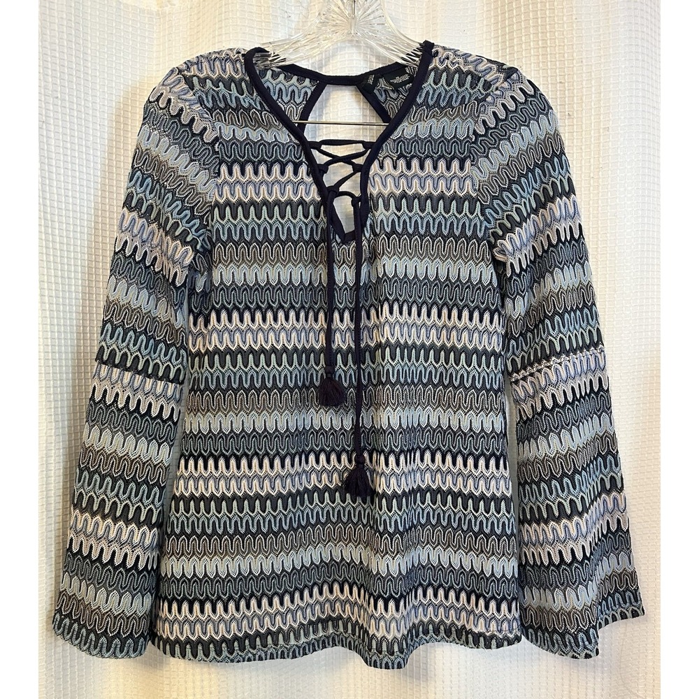 Blue Open Wave Pattern Long Sleeve Blouse Bell Sleeves M Y2K Boho Hippie Zigzag
